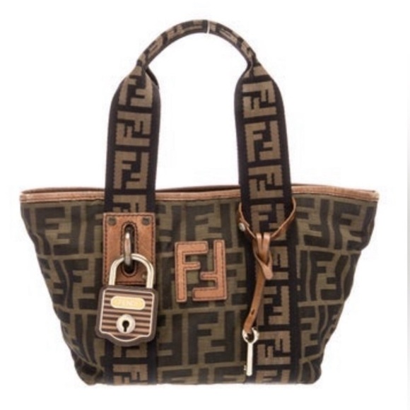 Fendi Handbags - FENDI FF ZUCCA NYLON & LEATHER MINI PADLOCK TOTE BAG